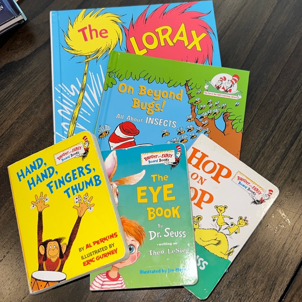 Dr. Seuss books: the Lorax, on beyond bugs, the eye book & hop on pop